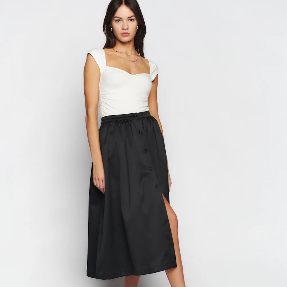 Reformation Black Midi Skirt with Side Slit and Button Detail